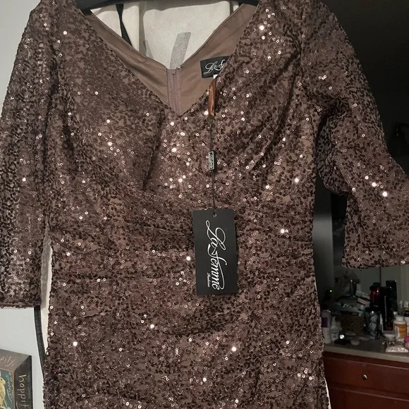 Size 6 La Femme bronze sparkle gown with flattering rouching at the waist. - Picture 2 of 5